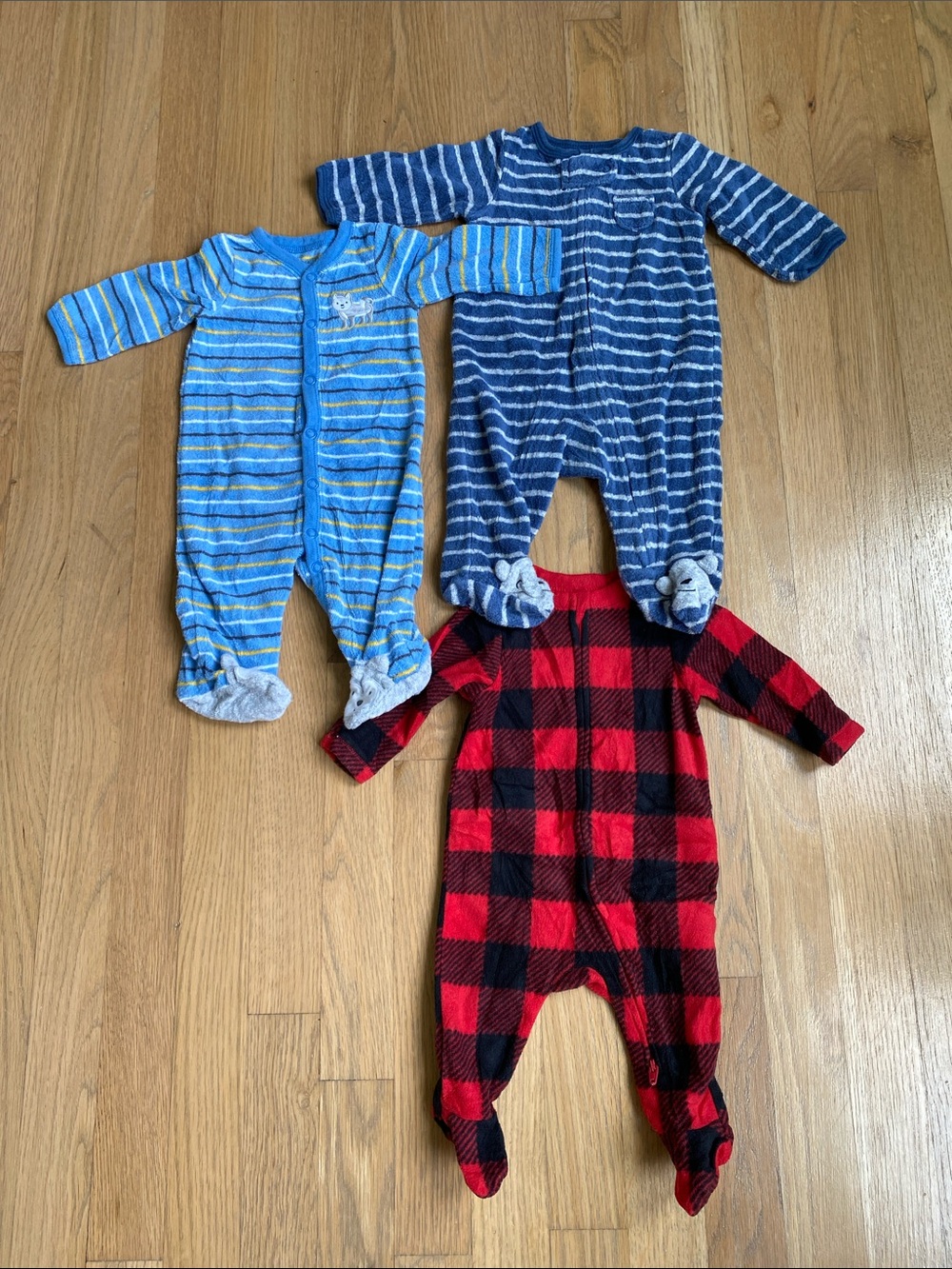 3M 3-Pack Baby 1-Piece Footed Sleepers - Blue Stripes, Navy Stripes, Red Plaid